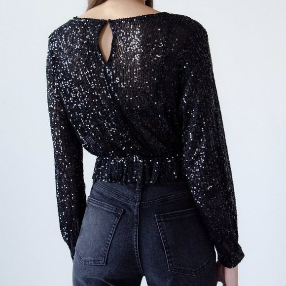 Sheer Sequin Ruffle Hem Crop Top | Q2 - Picture 2 of 5